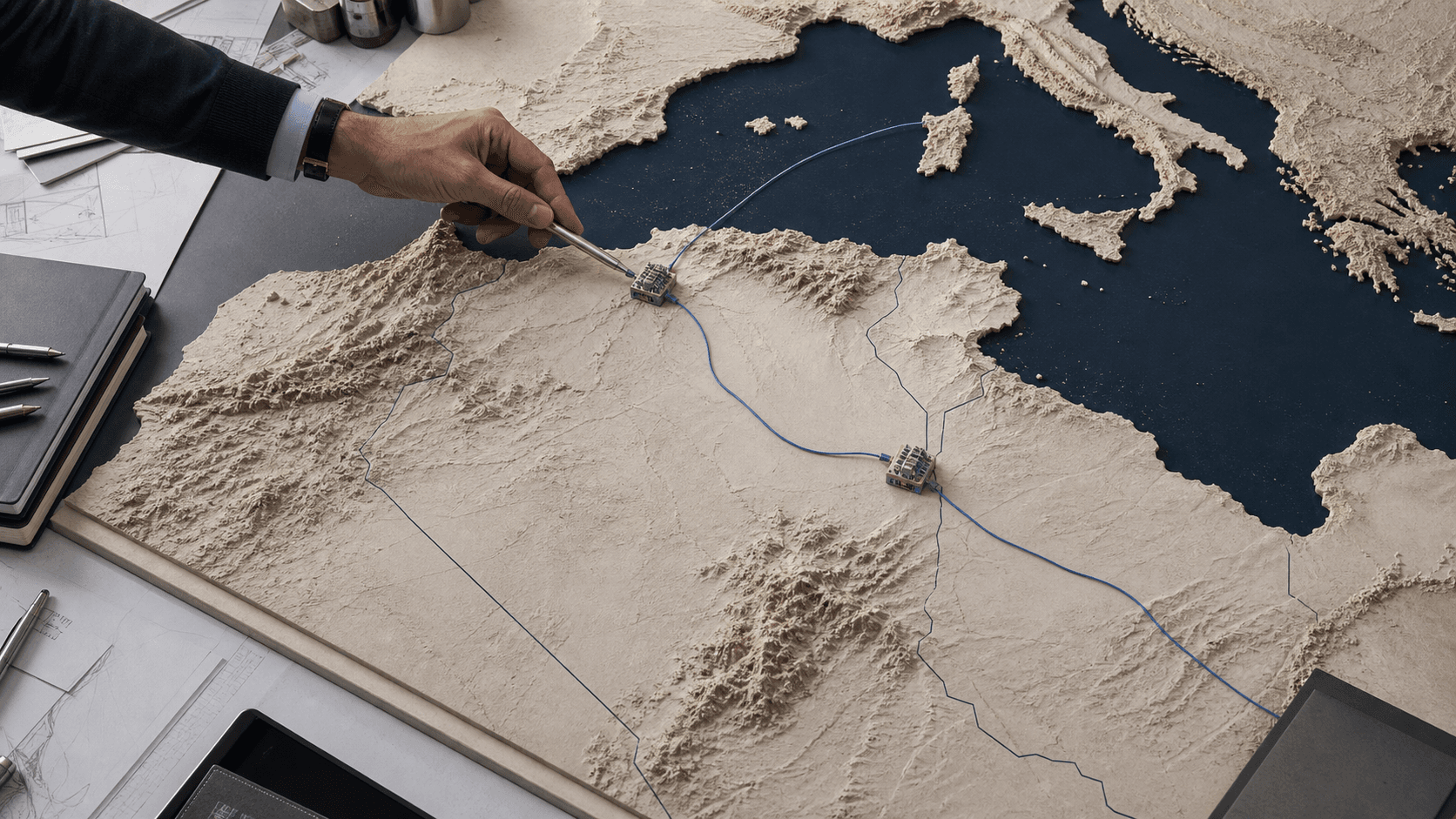Maquette topographique de l’Algérie reliant deux options d’infrastructure cloud