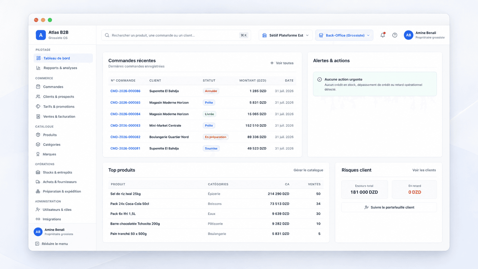 Back-office Atlas B2B pour les ventes, le stock et le fulfillment