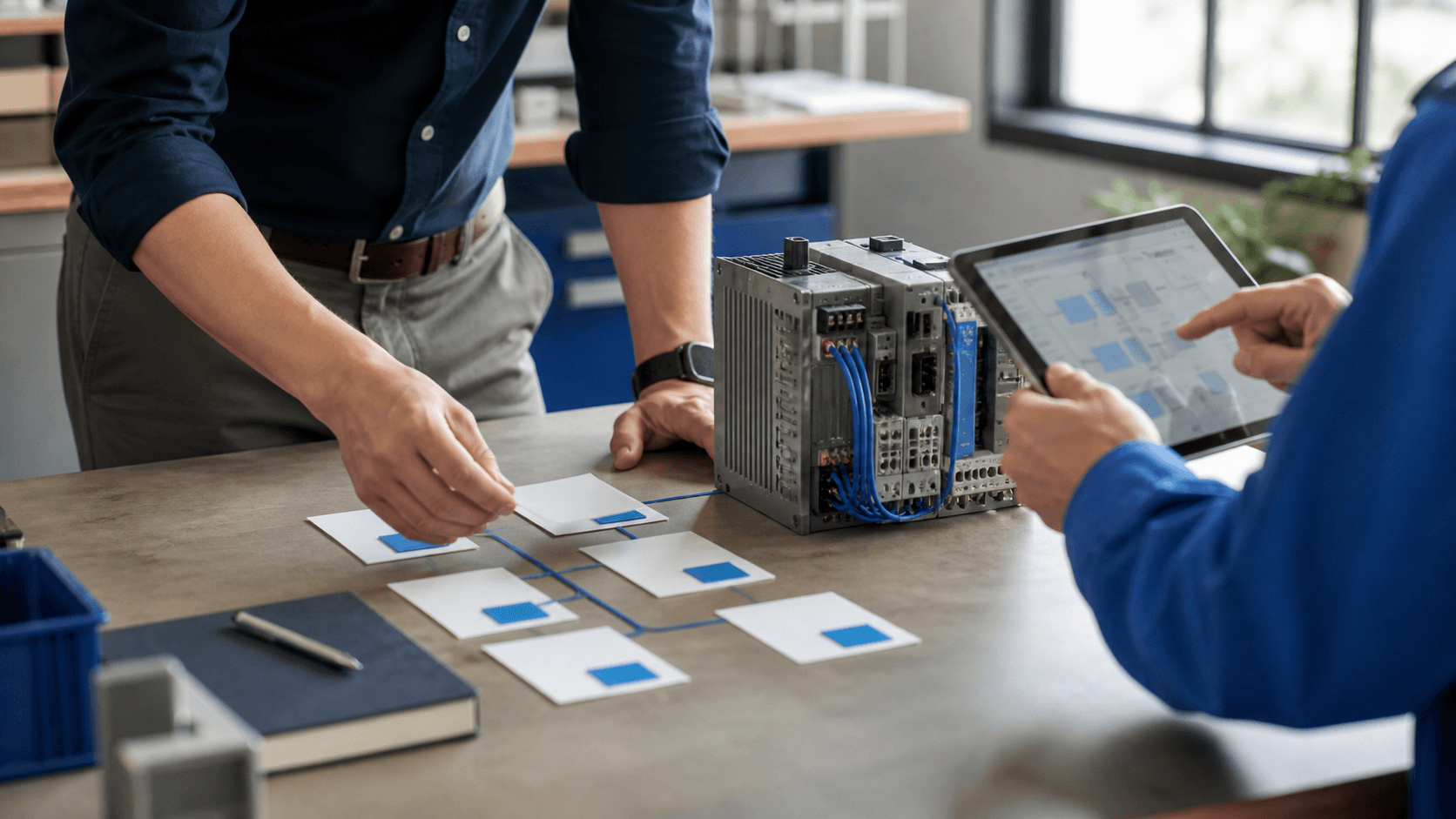 Équipe organisant un workflow autour d’un contrôleur d’automatisation