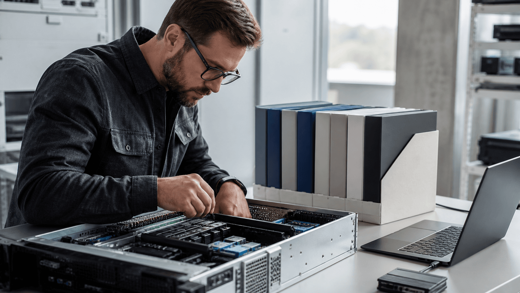 Ingénieur examinant un serveur lors d’une analyse d’hébergement cloud