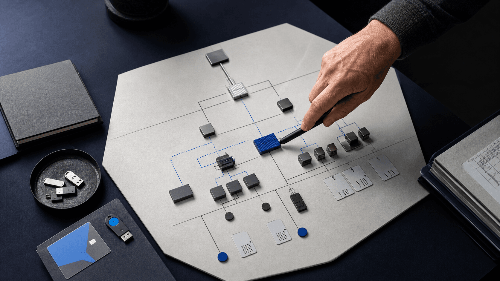 Maquette d’architecture réseau examinée lors d’une revue de cybersécurité