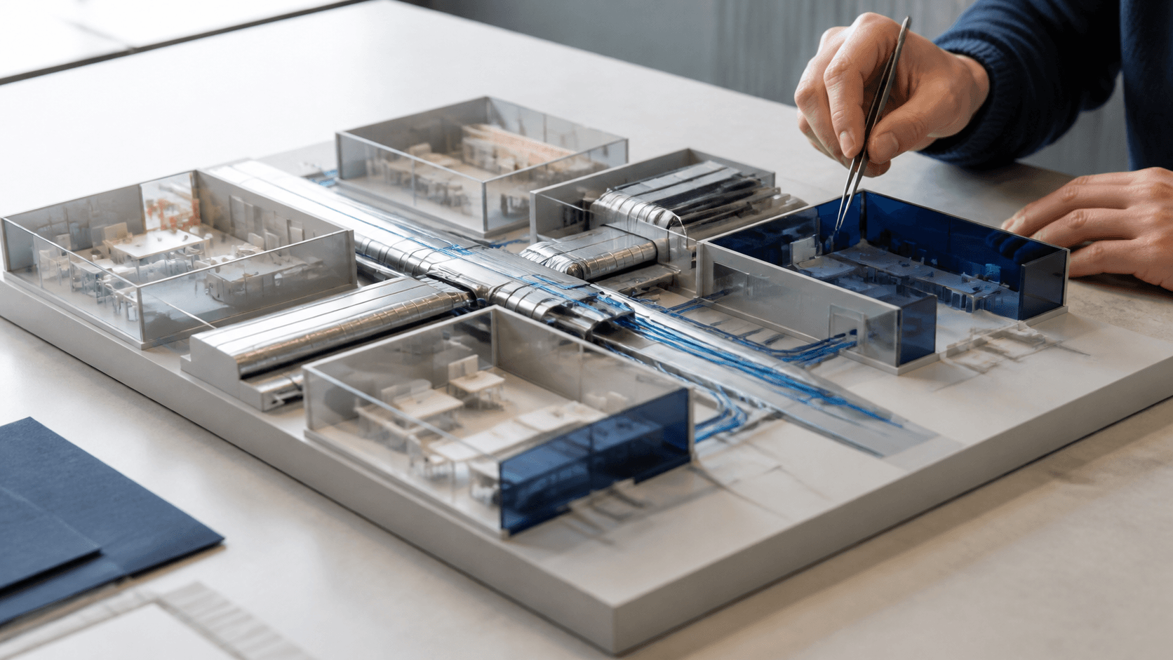 Maquette d’architecture avec espaces locataires isolés et infrastructure partagée