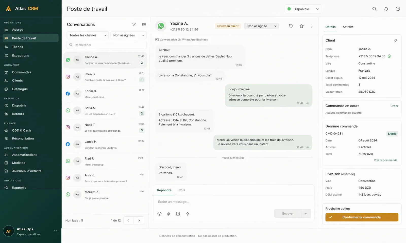 Espace Atlas CRM reliant conversations, commandes et prochaine action